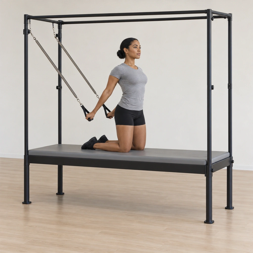 She kneels tall on the cadillac table with her back to the spring end, her knees and feet a fist's distance apart energetically hugging, a loop handle in each hand with the springs drawing from behind, and her shoulders stacked over her hips and knees.