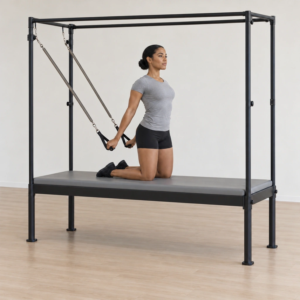 Her straight arms have drawn down and back past her hips against the springs, her chest wide, her shoulders still over her hips and her head facing forward.
