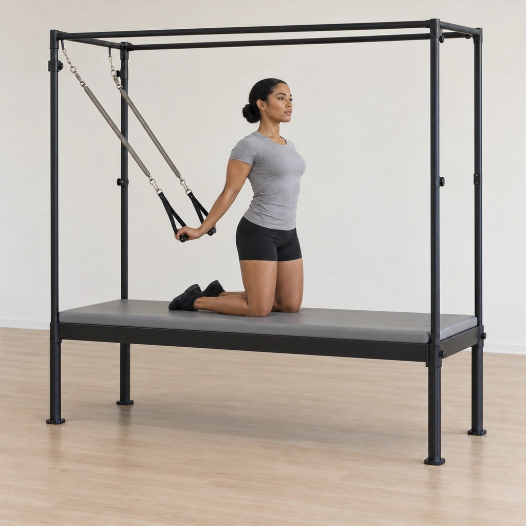 Her head has returned to centre as her arms resist the springs closing forward, the handles travelling back toward their start under control, her kneeling stack unchanged.