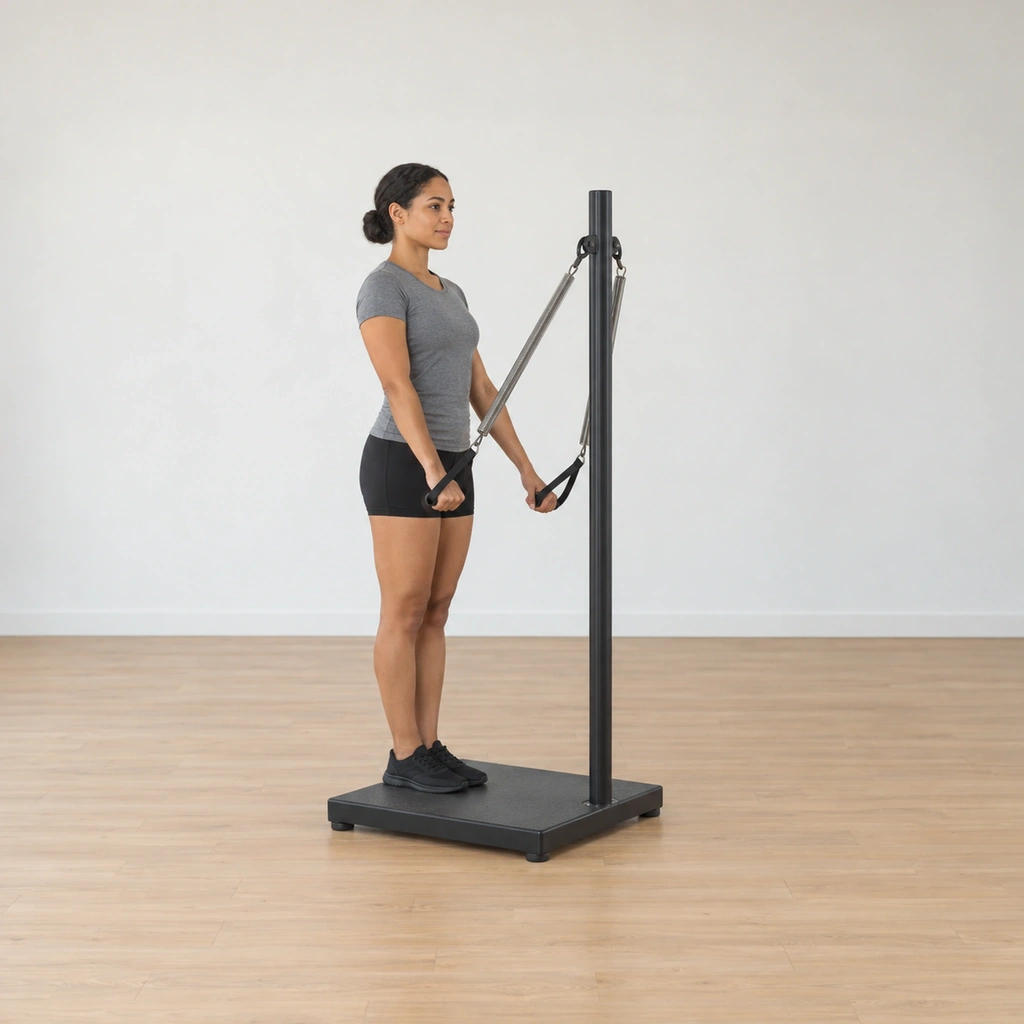 A woman stands tall on the ped-o-pul platform at its back edge facing the pole, heels together and toes slightly apart, both hands in the spring-arm handles with her arms long.