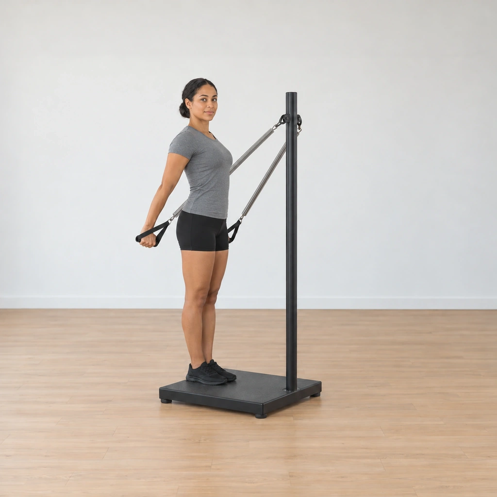 Her arms have pressed long down and back behind her in an arc against the spring arms, her head turned to the right, body still tall on the platform.