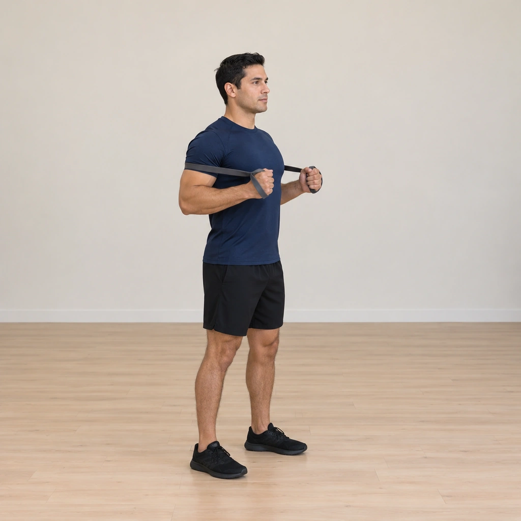 He stands tall with each hand inside an end loop of the band, the band running behind his upper back and shoulders, his hands held at chest level beside his ribs with the elbows bent back, the band already lightly loaded.