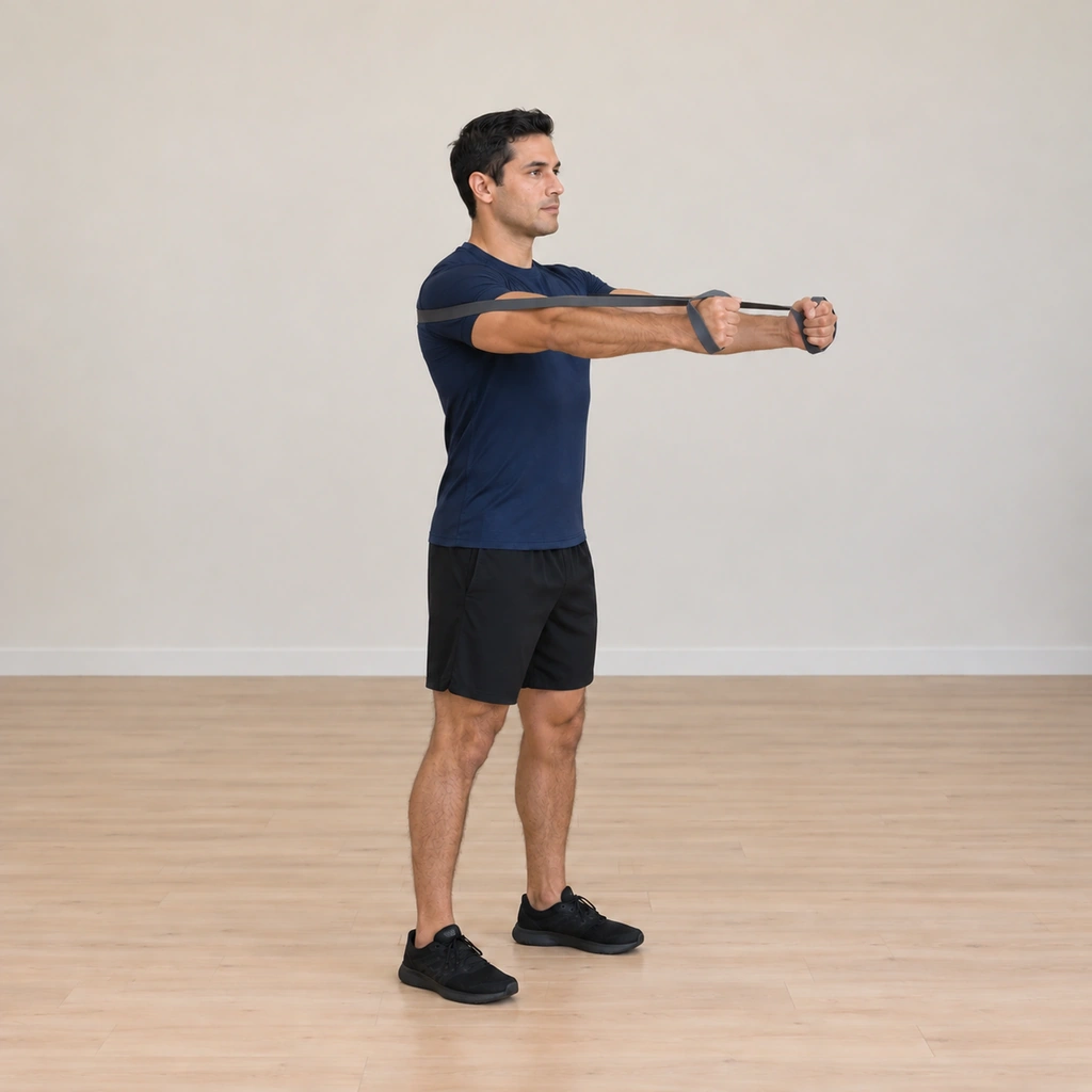 His hands are pressing straight forward at chest level, the elbows opening toward extension, the band stretching between his hands and his back, his shoulders driving the press without a shrug.