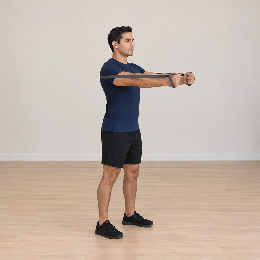 His arms are fully extended straight forward at chest level, his hands stacked in the loops directly ahead of his chest, the band at maximum draw behind his back, the extension held briefly, his posture still tall.