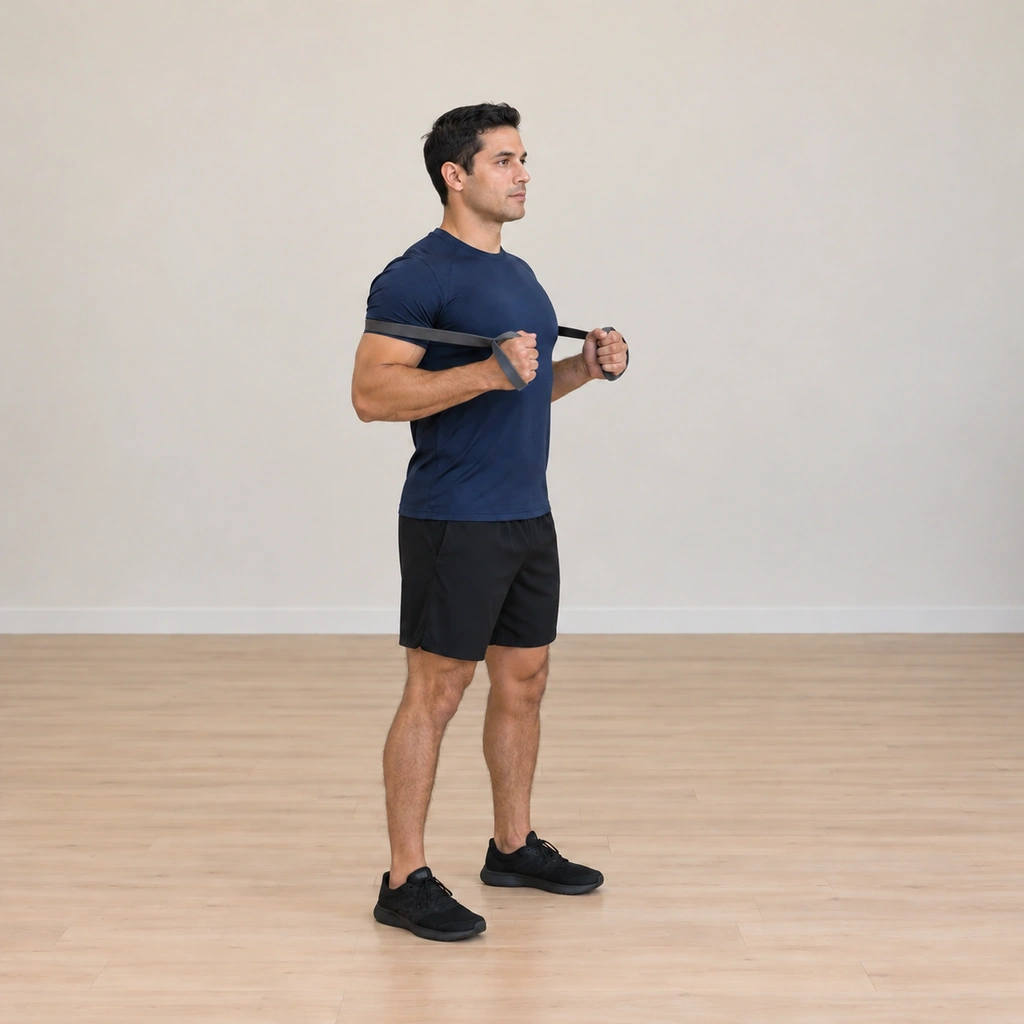 His hands are travelling back toward chest level with the elbows bending again, the band still loaded between his back and his hands, the return controlled rather than snapped, his stance unchanged.