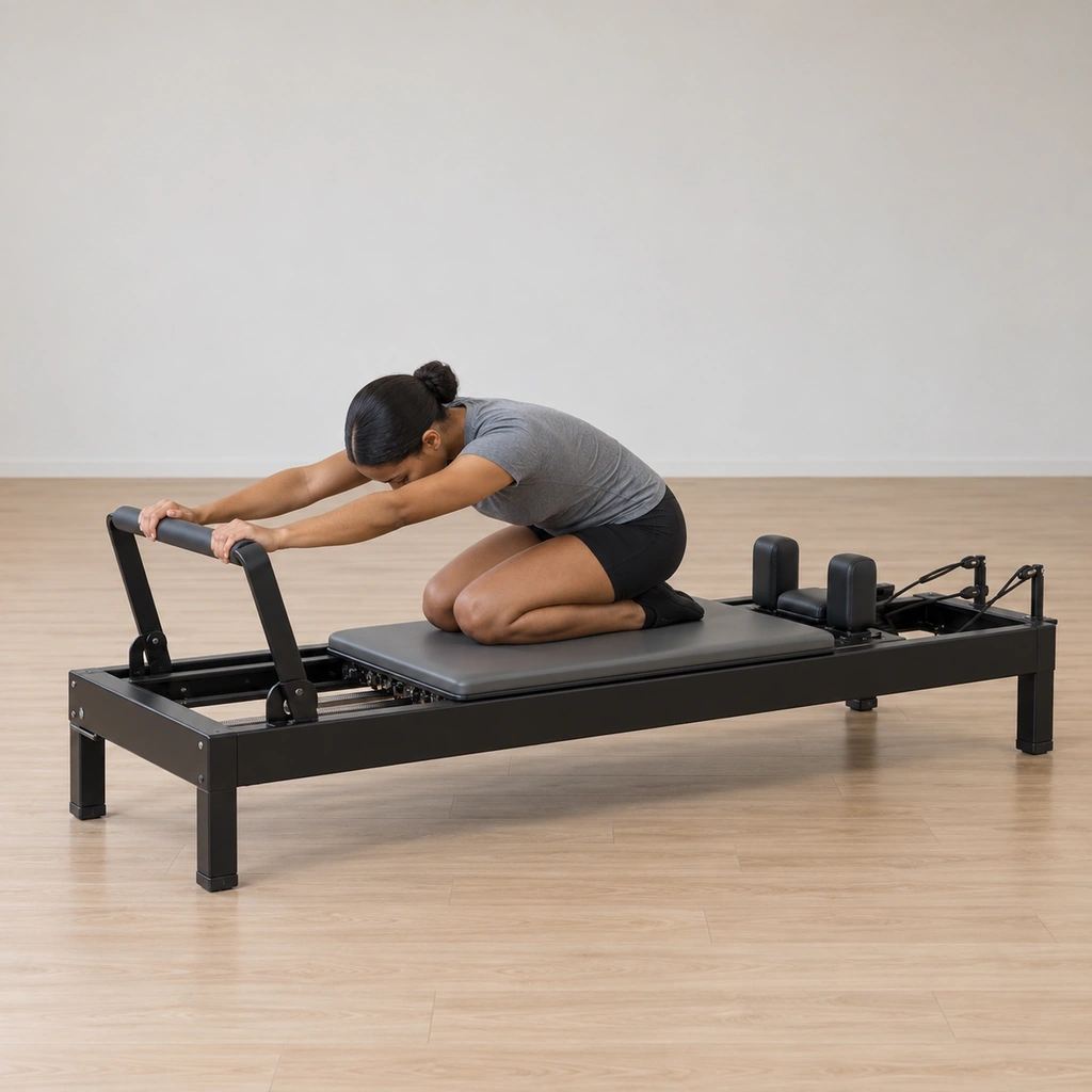 A woman kneels folded on the reformer carriage, buttocks settled on her heels, both hands resting forward on the foot bar.