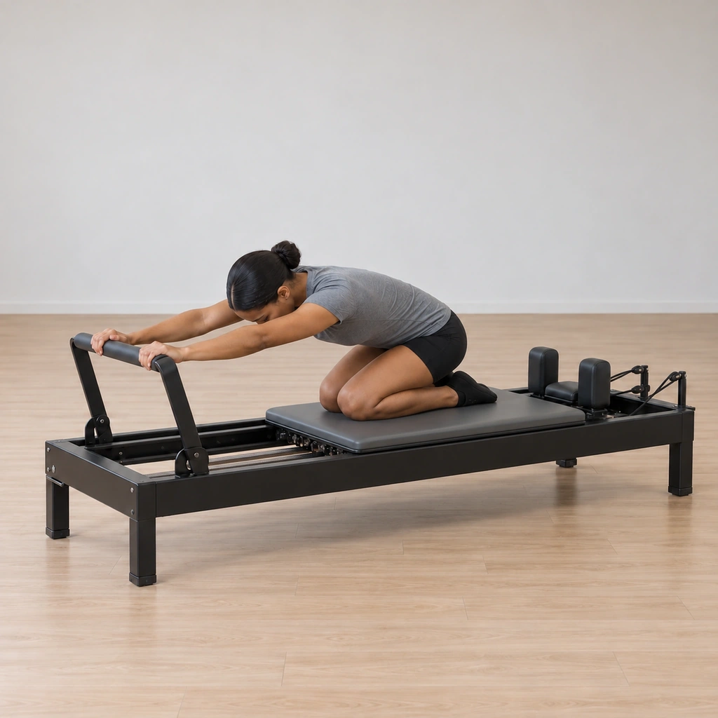 She has held her folded shape while the carriage slides backward under her shins, hands still on the foot bar.