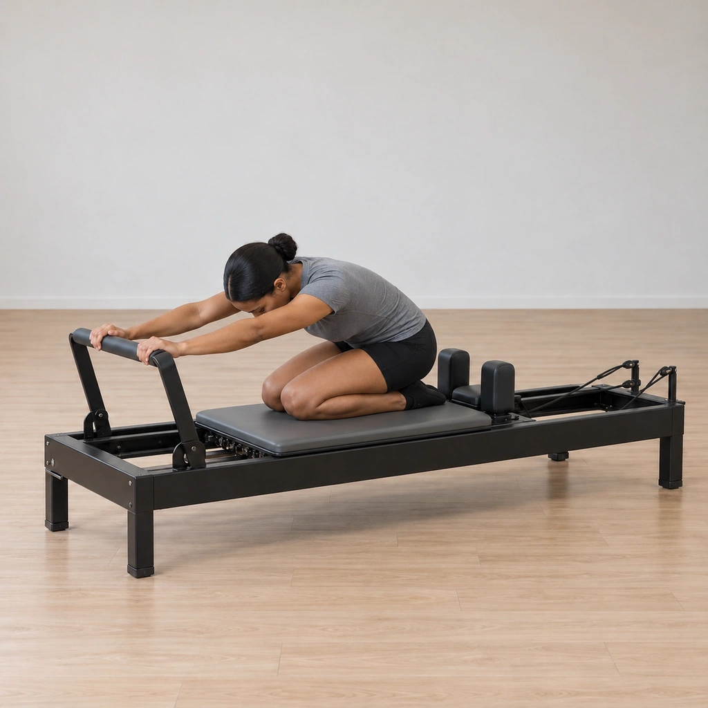 The carriage is drawing back home under her shins, the folded placement still held, hands on the bar.