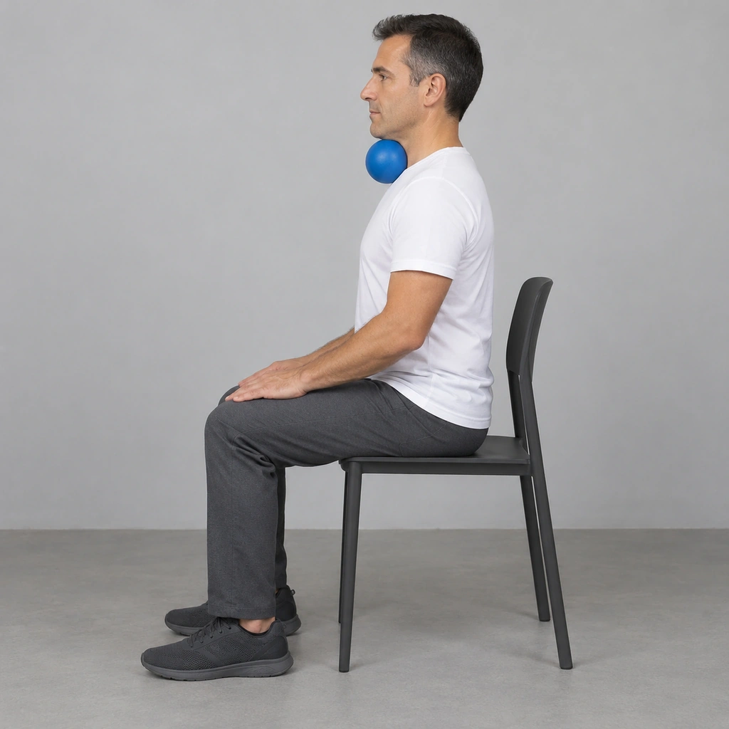 A man sitting upright on a chair in profile with a small blue ball held between his chin and his upper chest and his mouth closed.