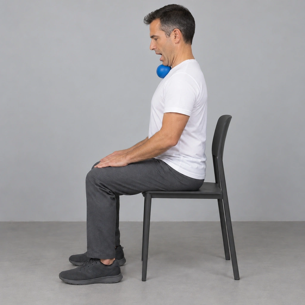The same man in profile with his mouth open wide and his chin tucked down, the blue ball squeezed a little flatter between his chin and his upper chest.
