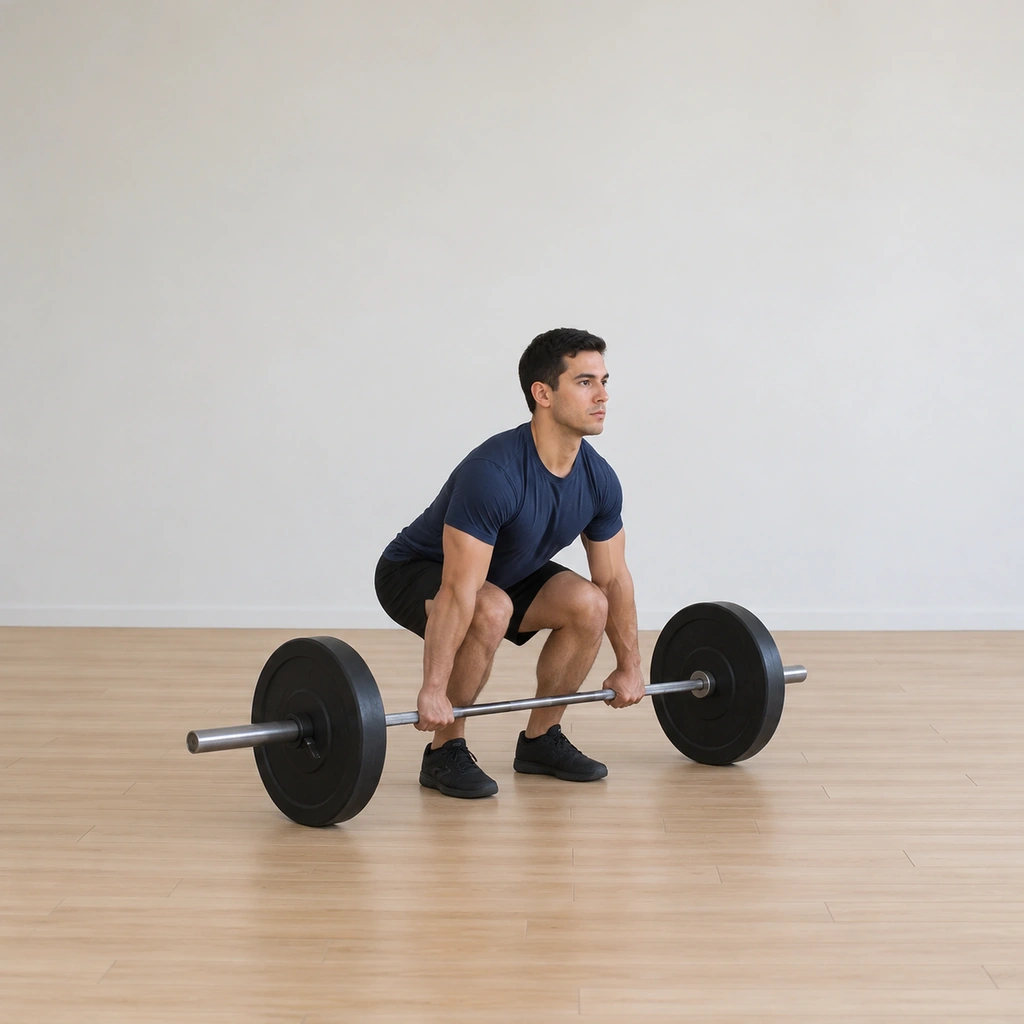 He is set over the barbell at his shins, hips low, back straight, chest up, shoulders just in front of the bar, gripping just outside his legs.