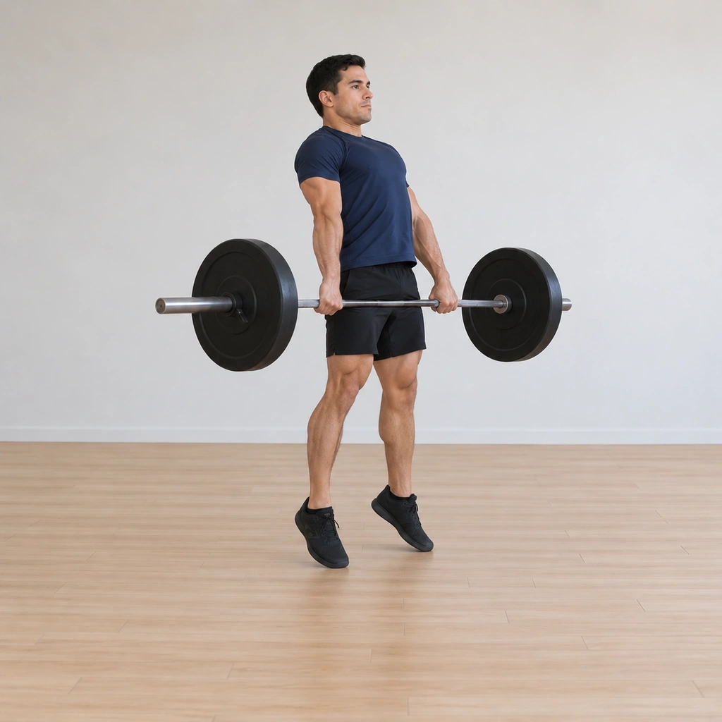 He is at full extension driving the bar upward - hips, knees and ankles extended, body long with the bar rising past mid-thigh.