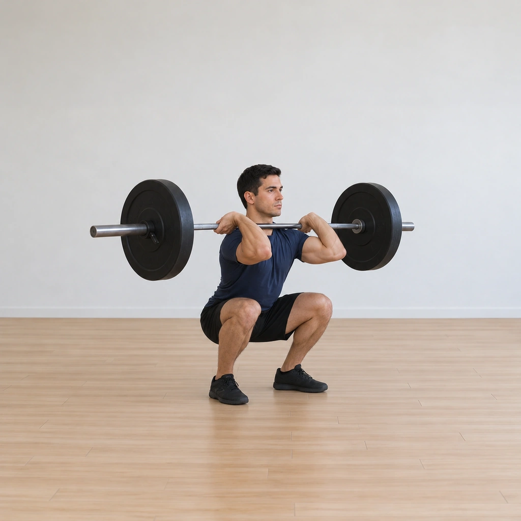 He is in the front-squat receive, elbows rotated under and up, the bar racked across his protracted shoulders, hips low.