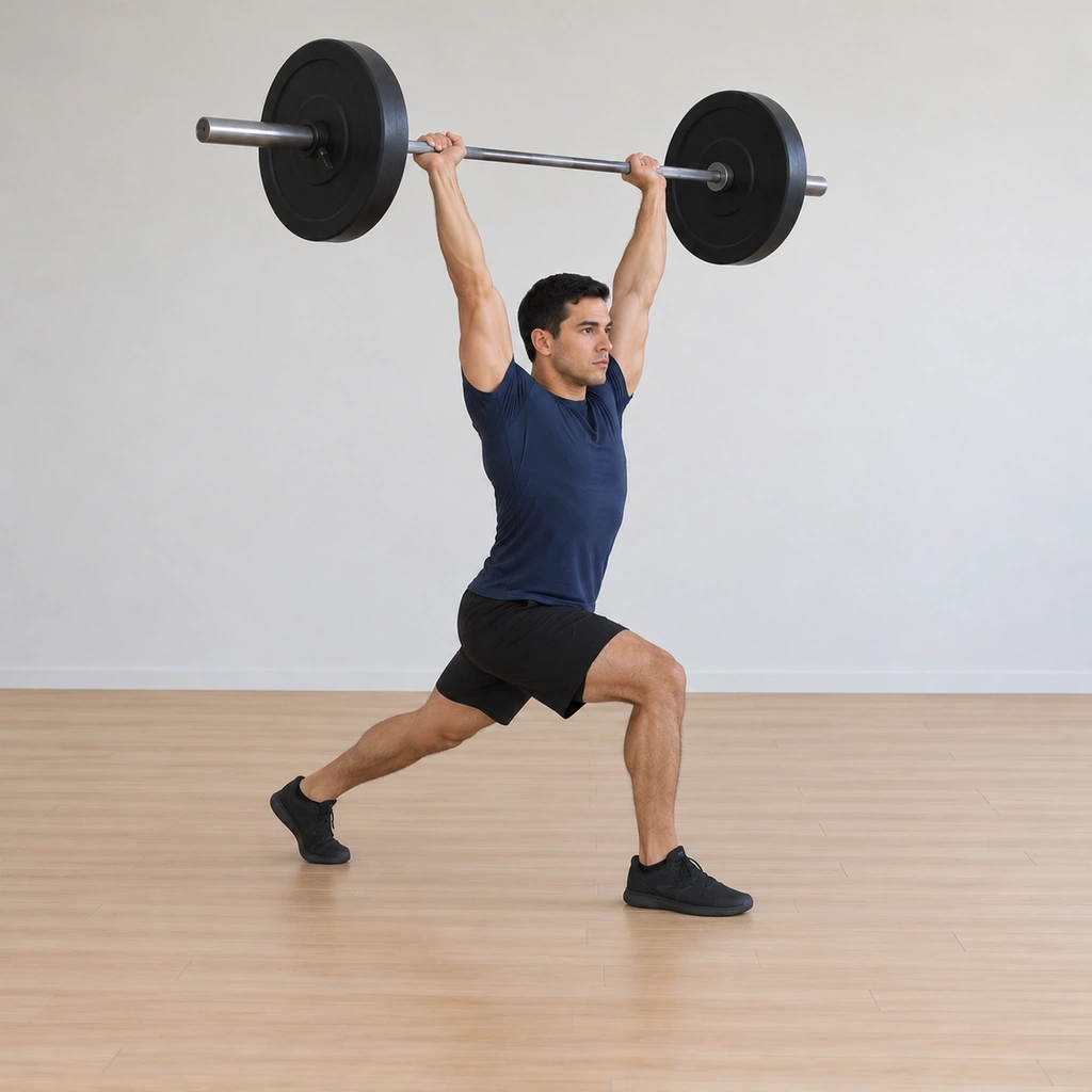 He is in the split-foot jerk receive, one foot forward and one back, the bar locked overhead on straight arms.