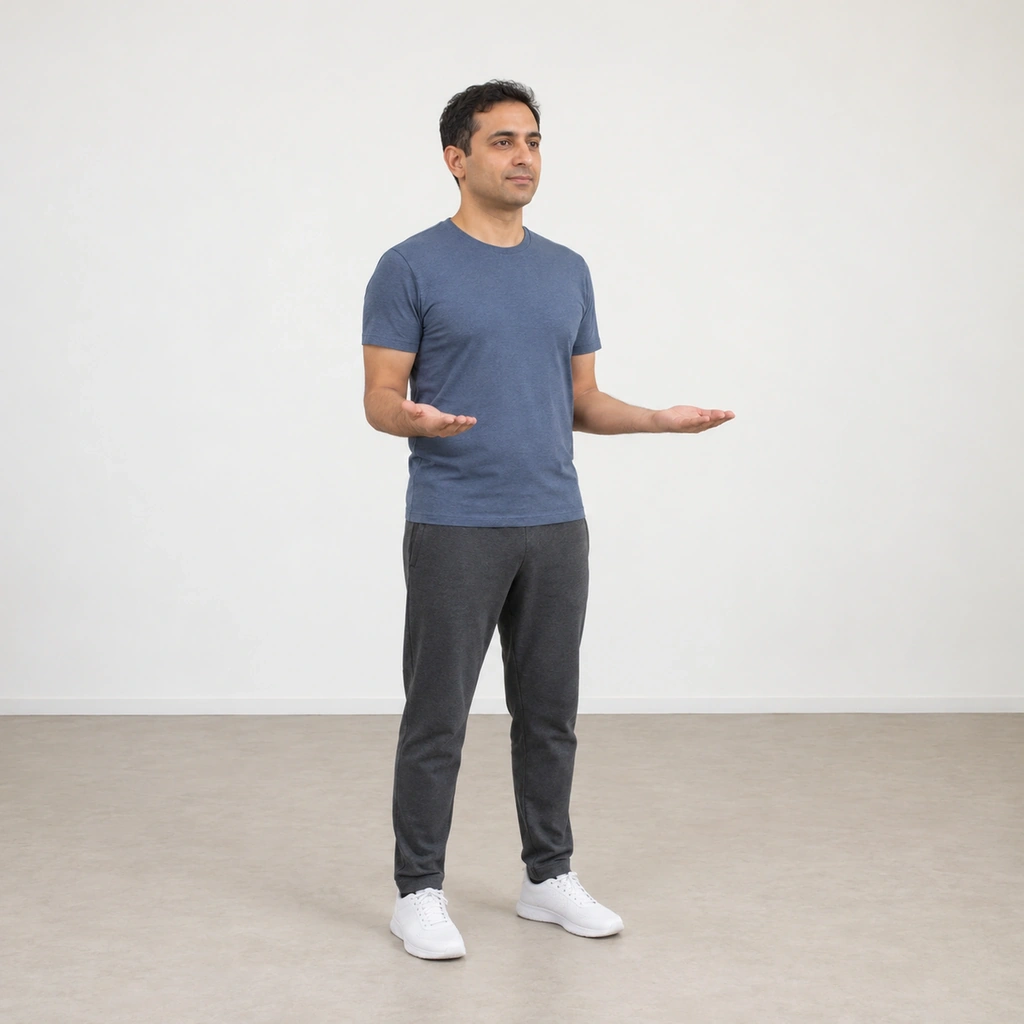 A man standing tall with both elbows bent to a right angle close to his sides, forearms pointing forward, palms turned up.