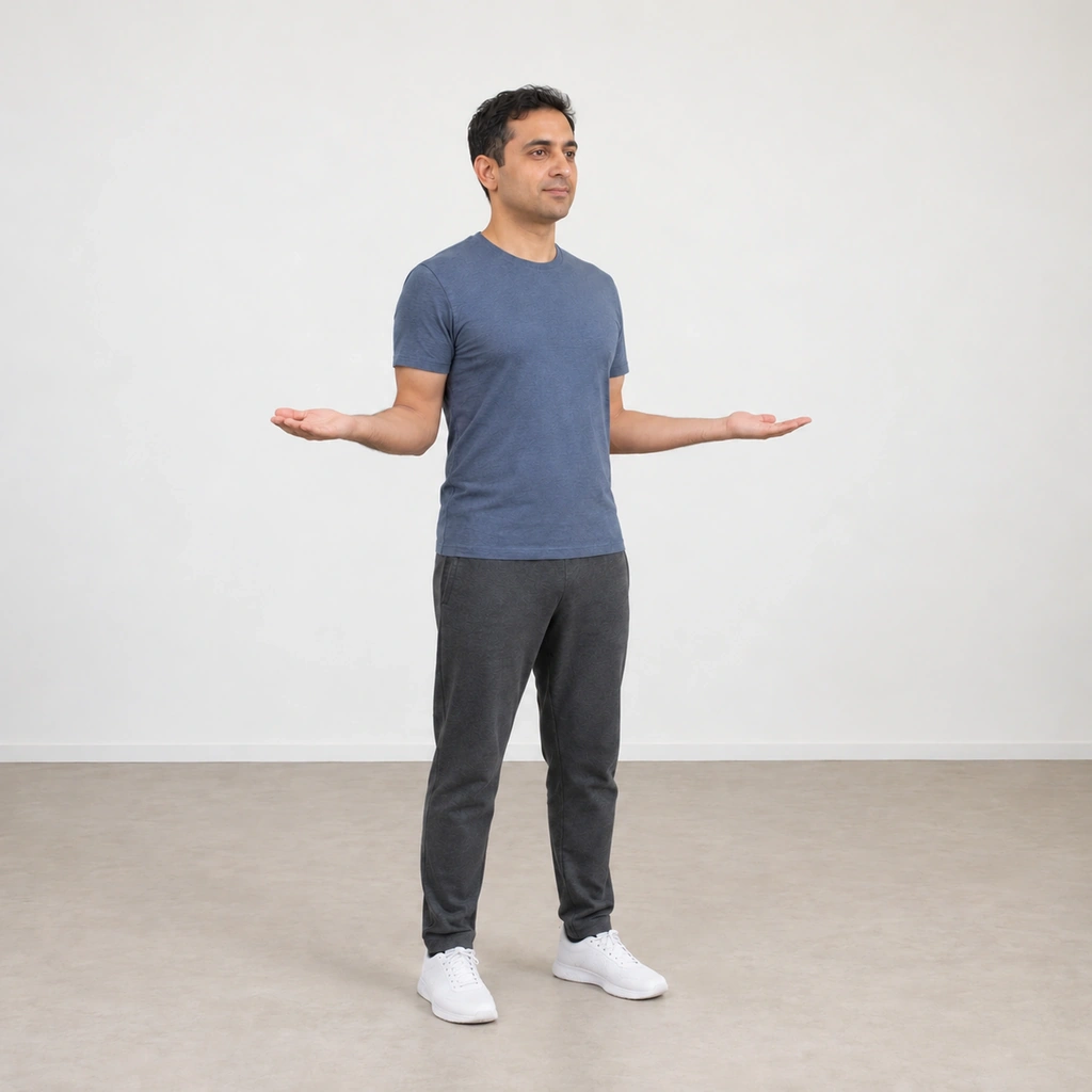 The same man with his shoulder blades squeezed together, both forearms rotated outward to the sides while his elbows stay bent and close to his ribs.