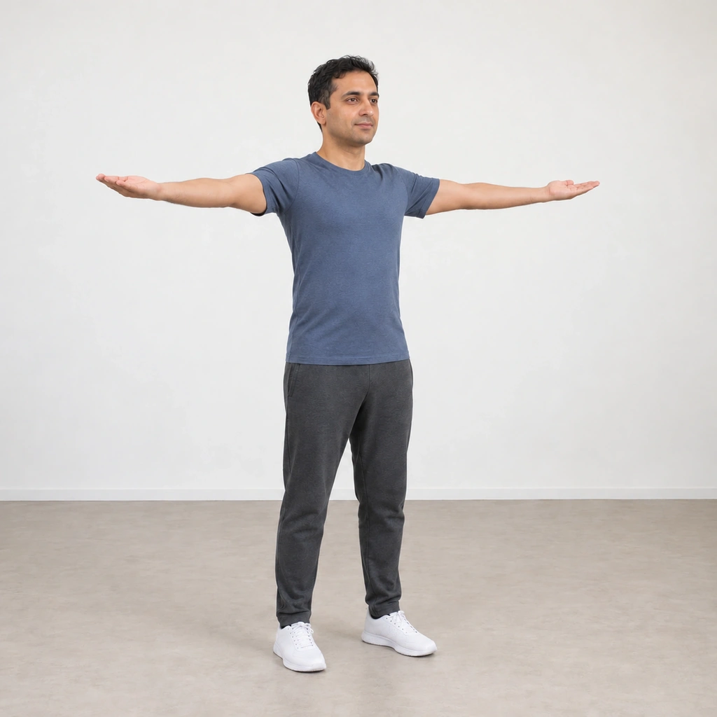The same man with both arms straight and held out to either side at shoulder height, palms facing upward.