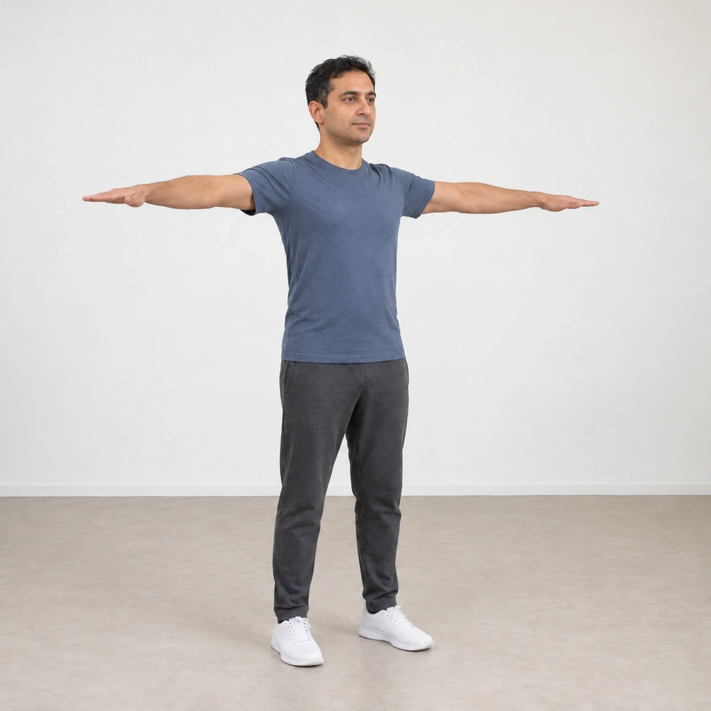 The same man with both arms still straight out to the sides at shoulder height, but both palms now turned to face the floor.