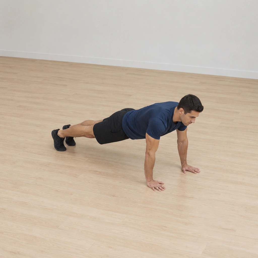 He holds a straight-arm push-up plank, hands under the shoulders and toes on the floor, the body in one straight line, head neutral.