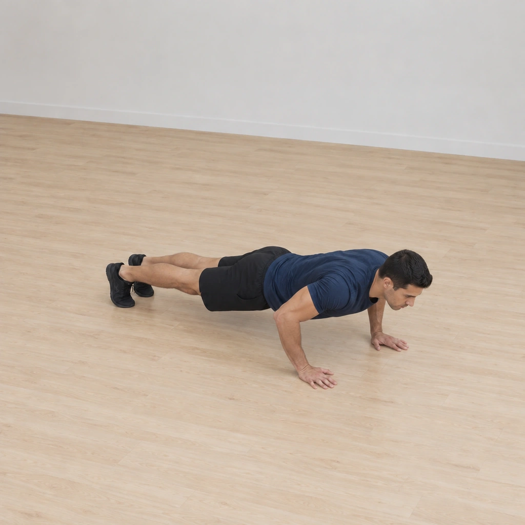He lowers with the elbows bending back along the body; the chest sinks toward the floor while the body stays in one line, hands and toes planted.