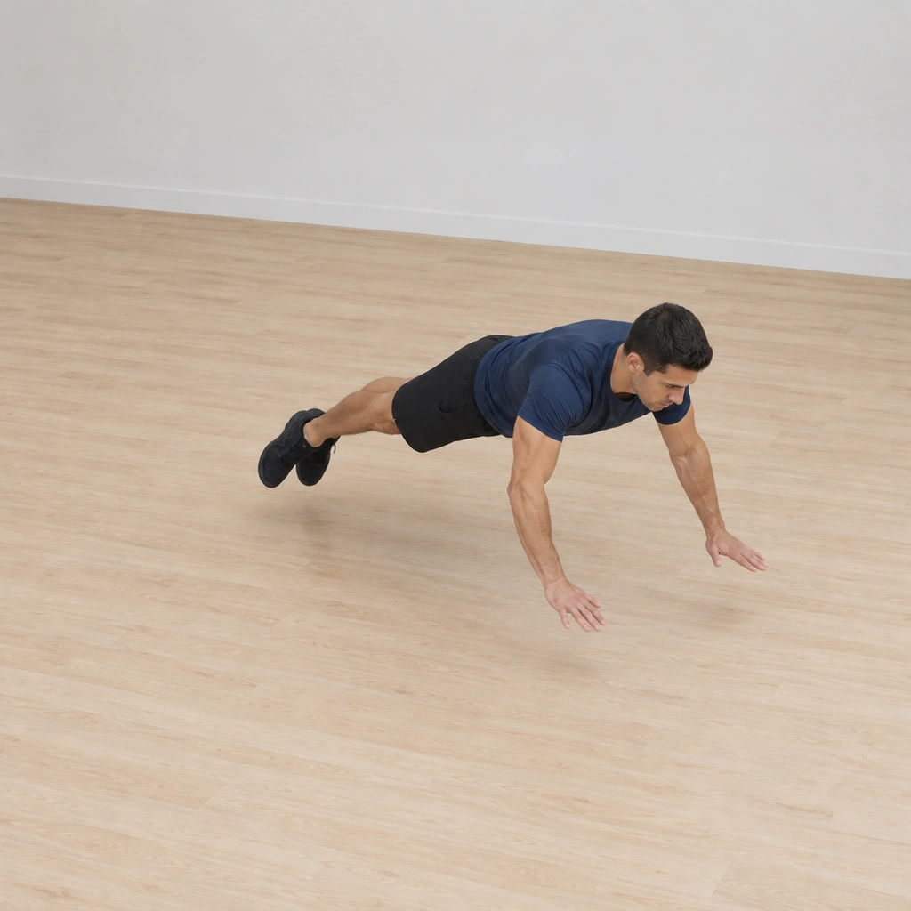 He is airborne above the floor: hands clear of the ground, the whole body rotated about thirty degrees sideways from the start line like a moving clock hand, arms softening for the landing.