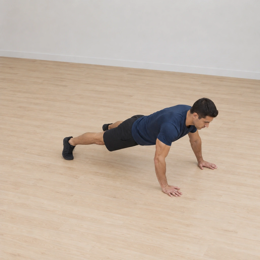 He has landed at the new position about thirty degrees around the circle: hands and toes back on the floor, elbows soft absorbing the landing, body back in the plank line.