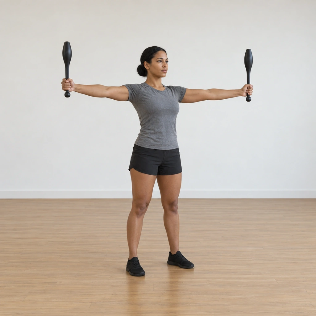 A woman stands tall in a plain studio holding a matte clubbell in each hand, both arms raised straight out to her sides at shoulder height in 90-degree abduction, the clubbells held upright, elbows extended.