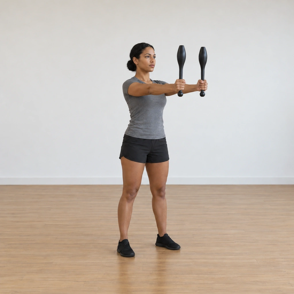 The woman is mid-sweep: both arms have come forward horizontally at shoulder height, the clubbells still upright, the arms converging toward the front of the chest.