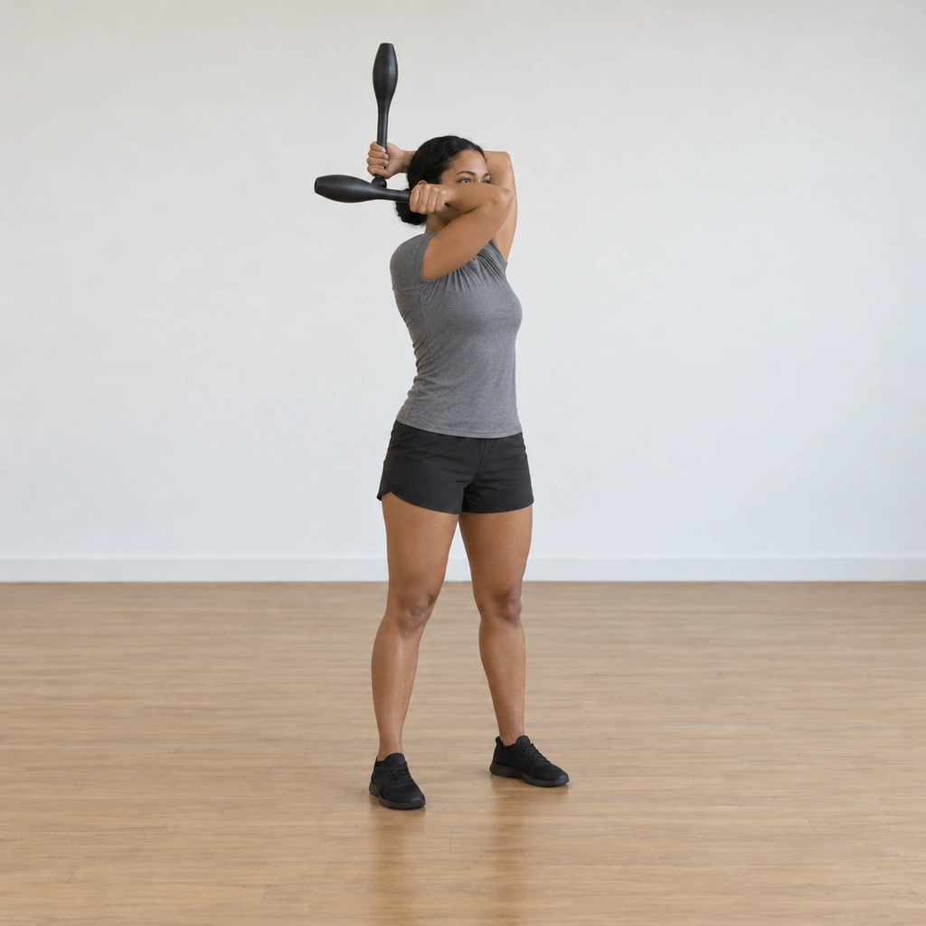 The woman holds the finish: her right forearm lies across the front of her face covering it, her left forearm wraps behind her head, both clubbells still gripped, the wrap asymmetric.