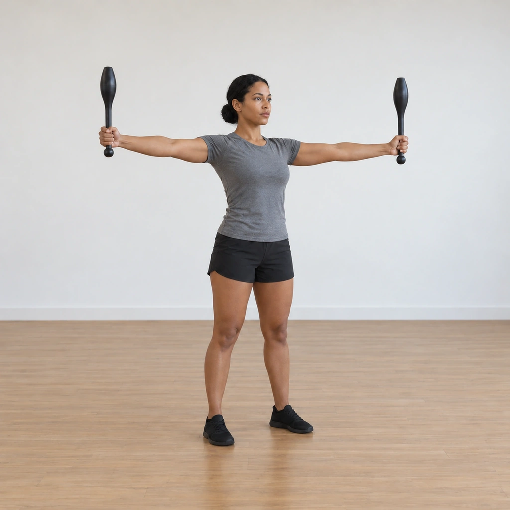 The woman has unwrapped the finish and returned both arms to the 90-degree abduction hold, the clubbells upright at shoulder height, ready for the next repetition.