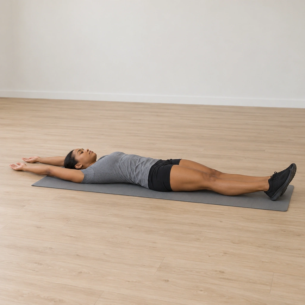 She lies flat on her back on the yoga mat with her arms extended straight overhead on the floor behind her head and her legs straight out together, her whole back on the mat.