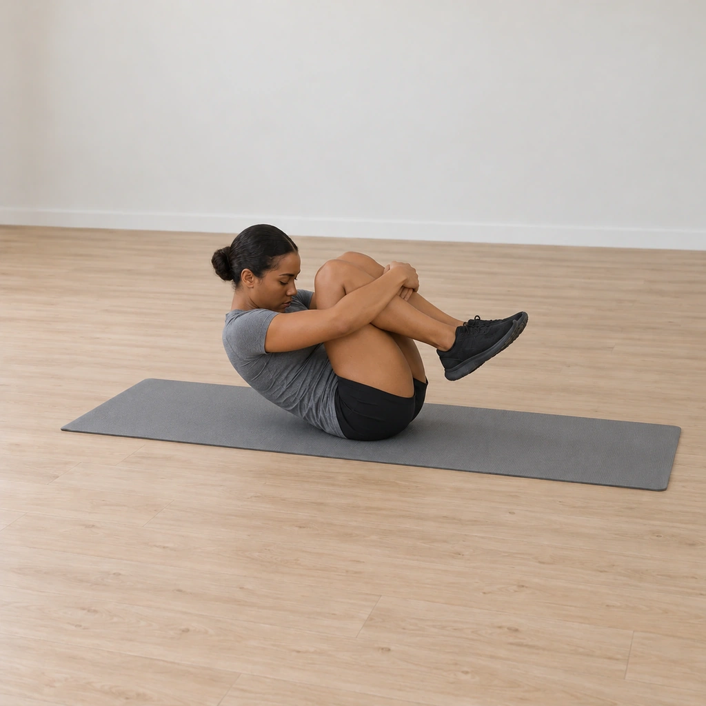 At the top of the tuck she is curled fully in with her shoulders and knees meeting and her arms wrapped right around the front of her knees and shins in a hug, her chin tucked to her chest, her tailbone the only contact with the mat.