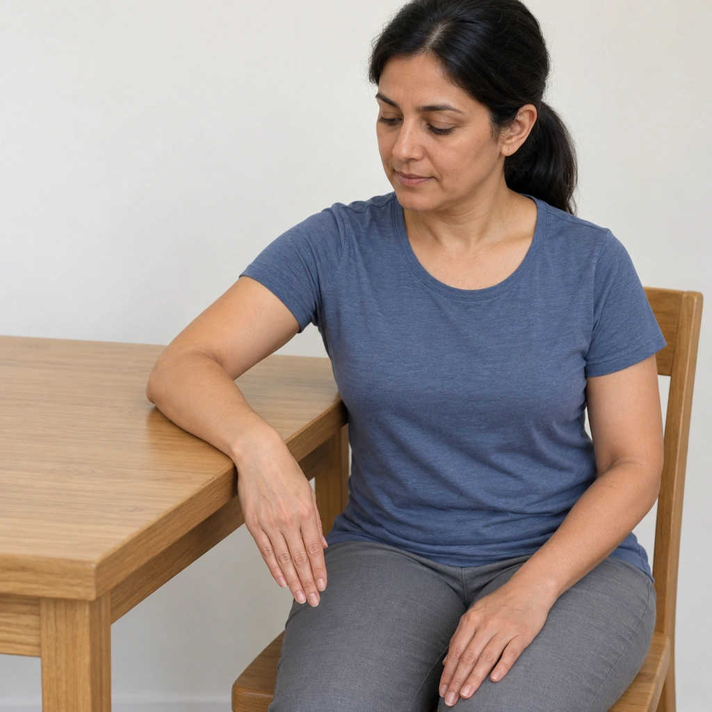 A woman seated at a table, her right forearm flat on the table and her right hand bent sideways toward the little-finger side, her thumb resting against her index finger.