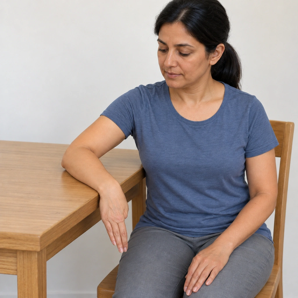 The same woman with her right wrist still bent toward the little-finger side, now with her right thumb folded into her palm.