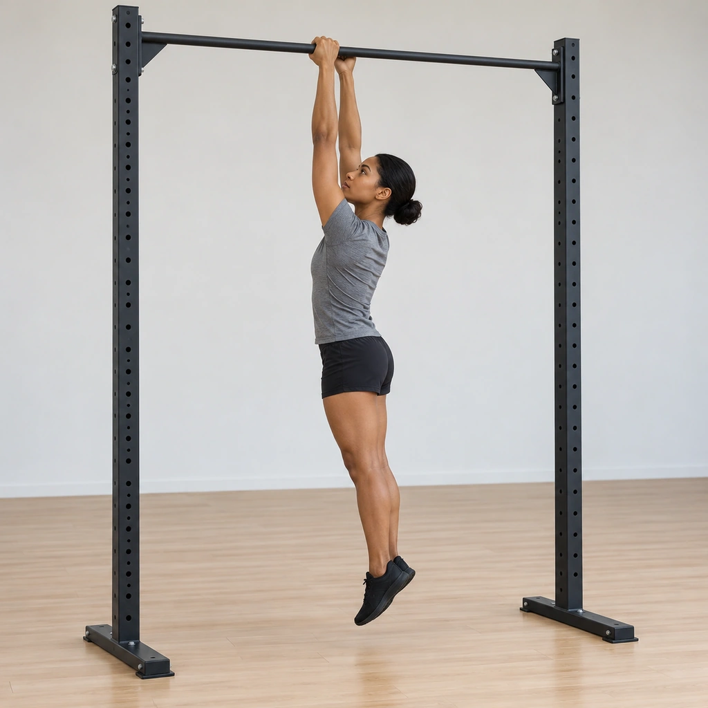 She hangs from the bar standing sideways under it, right hand gripped in front of the left in a baseball grip, arms fully extended, body still.