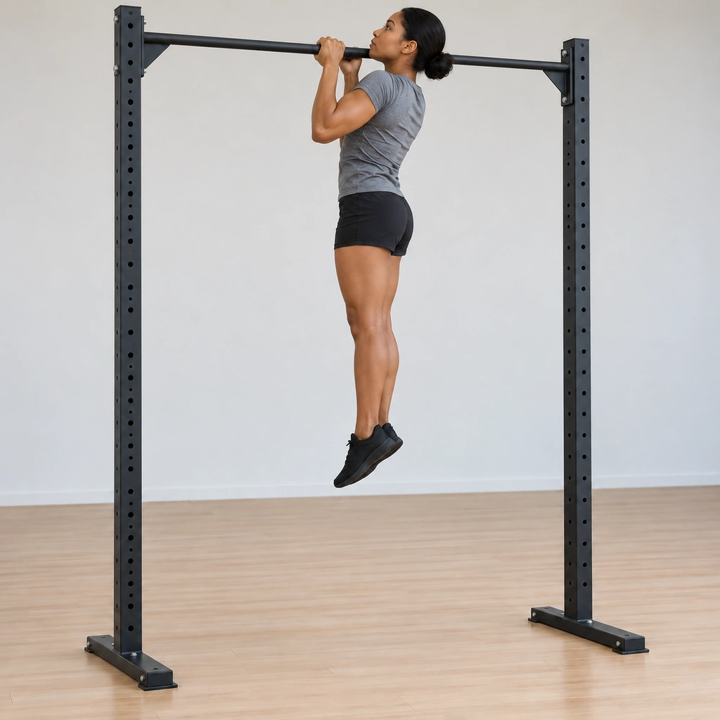 She has pulled up with her chin past bar level on the right side of the bar, head held to the right of the bar line, elbows driving down.