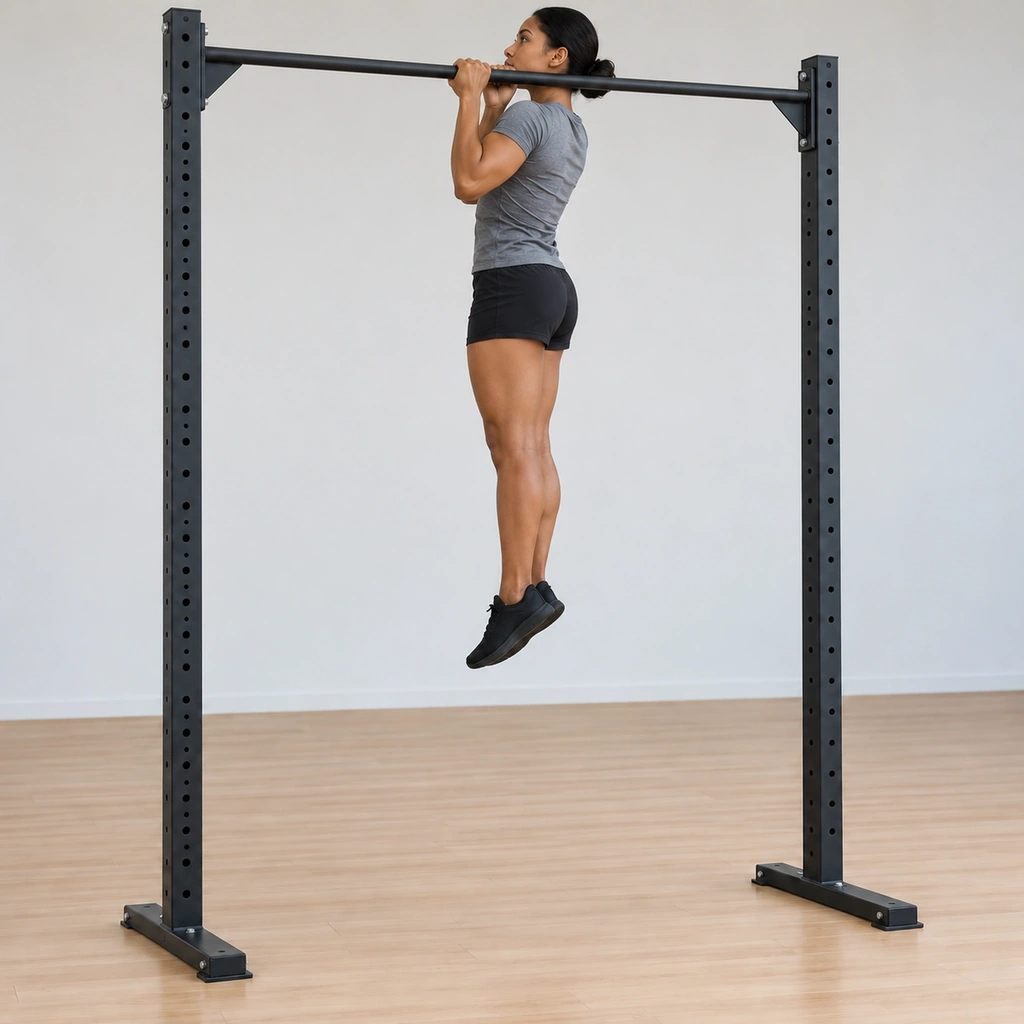 She holds the pull with her chin past the bar and her head now on the left side of the bar line, body still, grip unchanged.
