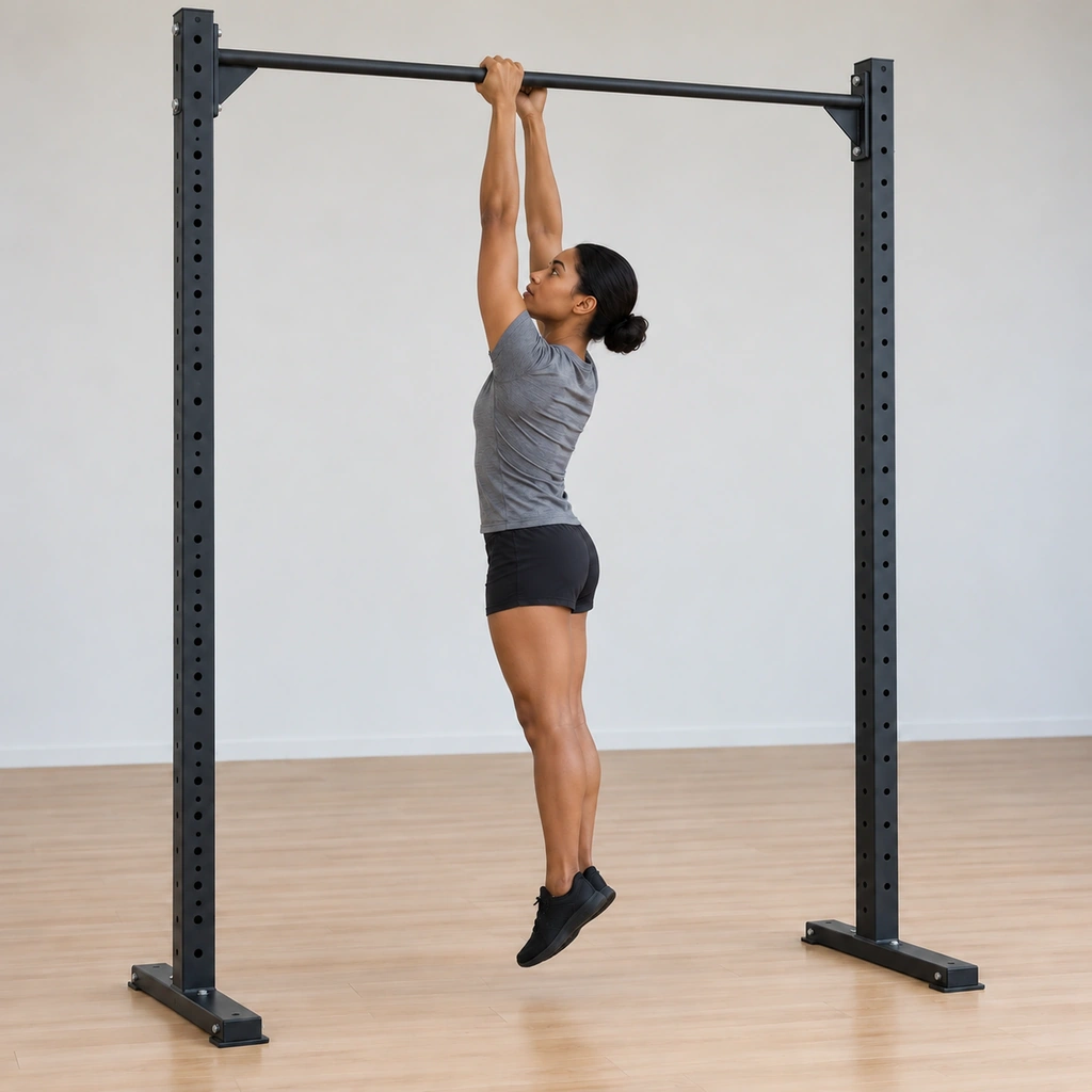 She is lowering under control toward the sideways hang, chin descending past the bar, arms extending, staggered grip unchanged.