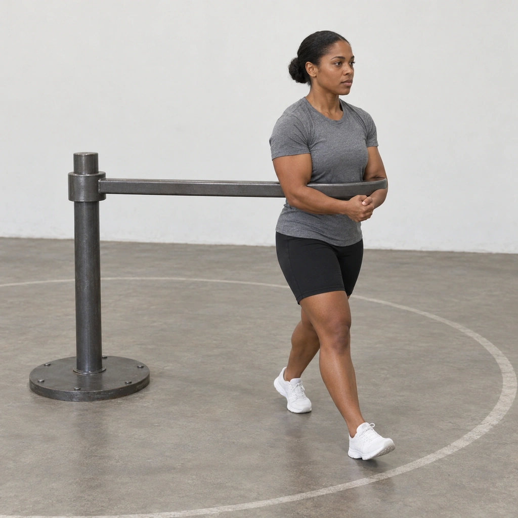 A woman walking a circular path with a loaded arm cradled across the crook of both elbows, right foot stepping forward, a central post fixed to the floor at her right side.