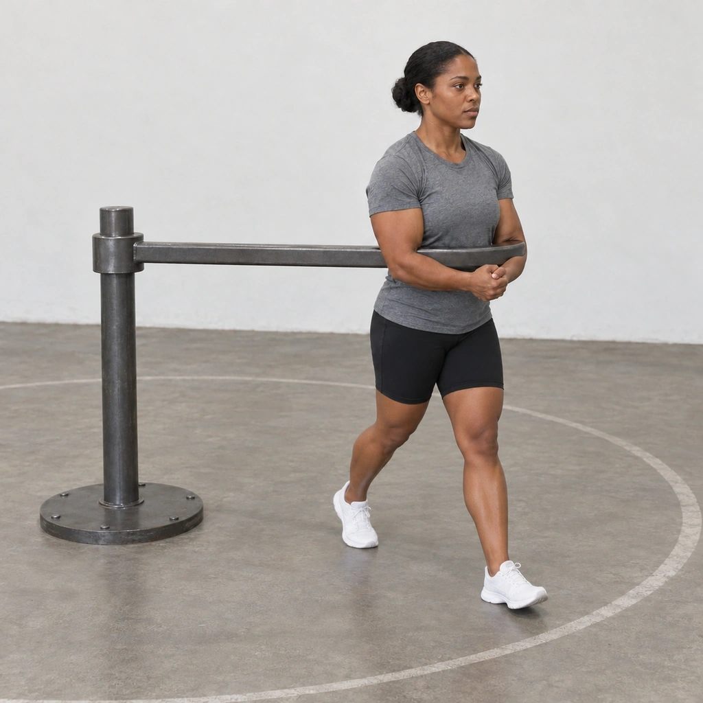The same woman continuing the circular walk, left foot stepping forward, the loaded arm still held across the crook of both elbows, the fixed post at her right side.