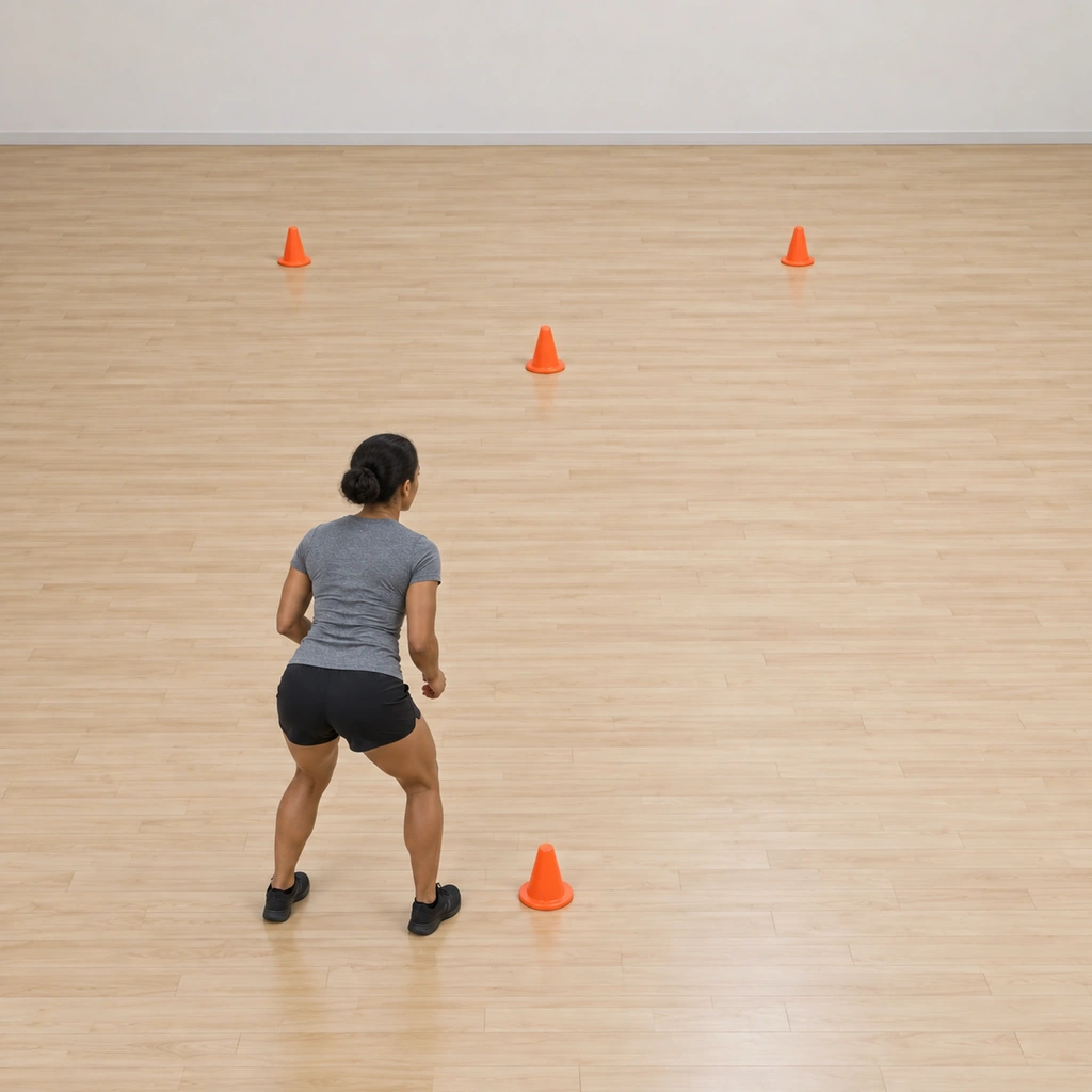 She stands beside the rear marker in a low athletic stance facing the arrow's point cone ahead, arms ready at her sides.