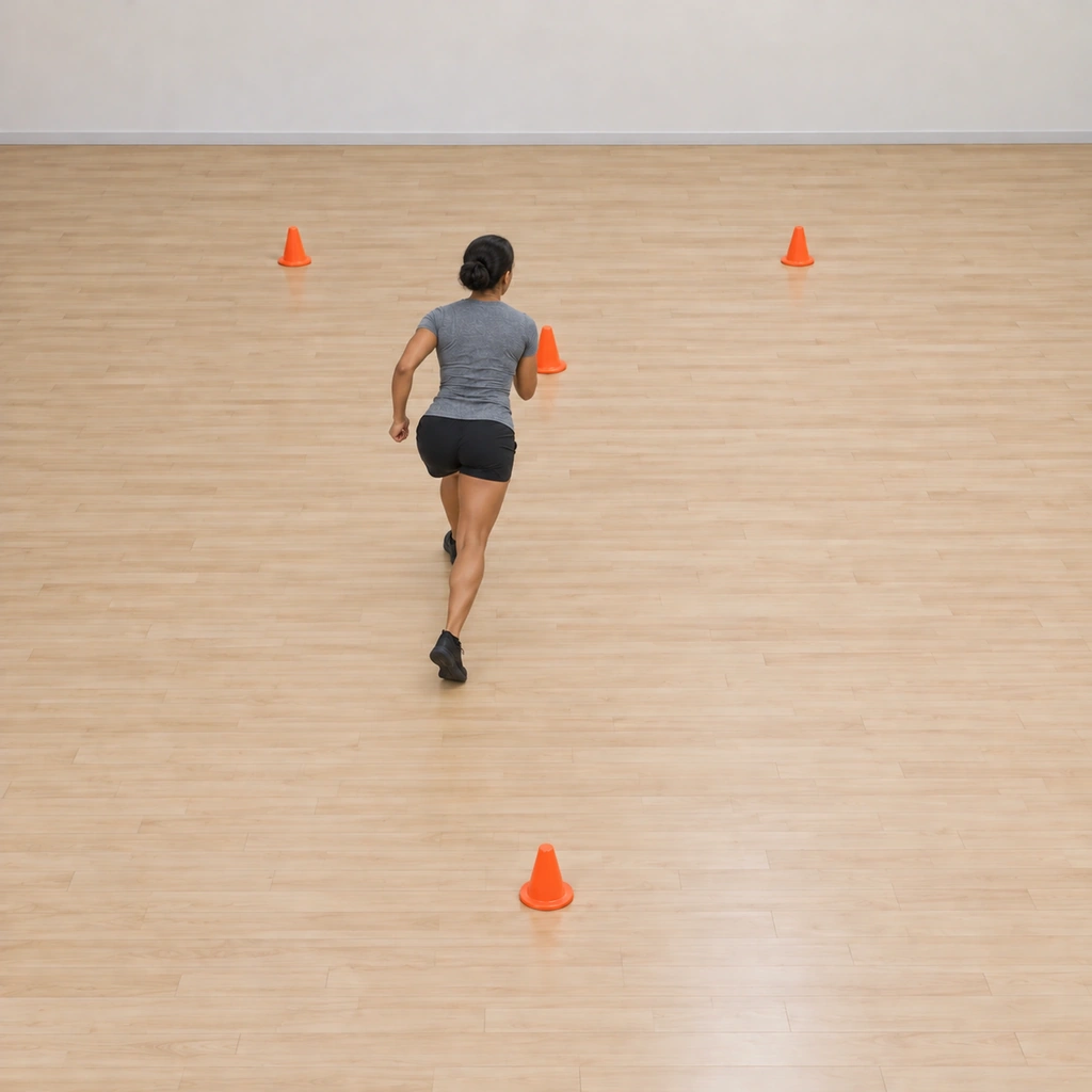 She runs forward to the arrow's point cone, mid-stride with her left leg driving, trunk tall, the point cone at her shoulder.