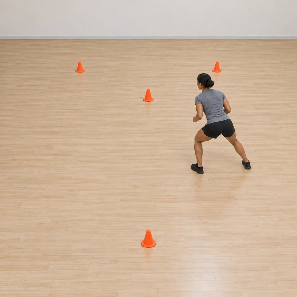 She shuffles diagonally back toward the right base facing the point, hips low, her right foot leading the lateral push while the point cone stays in front of her.