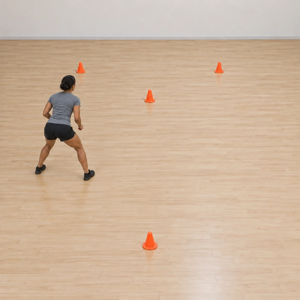 She has run up to the point cone a second time and now shuffles diagonally back toward the left base, hips low, left foot leading, the right base behind her.