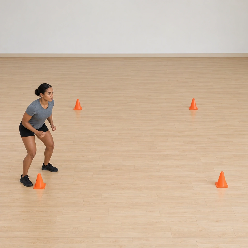 She stands at cone one in a low athletic stance, facing the square's far side, the other three corners marking the course ahead.