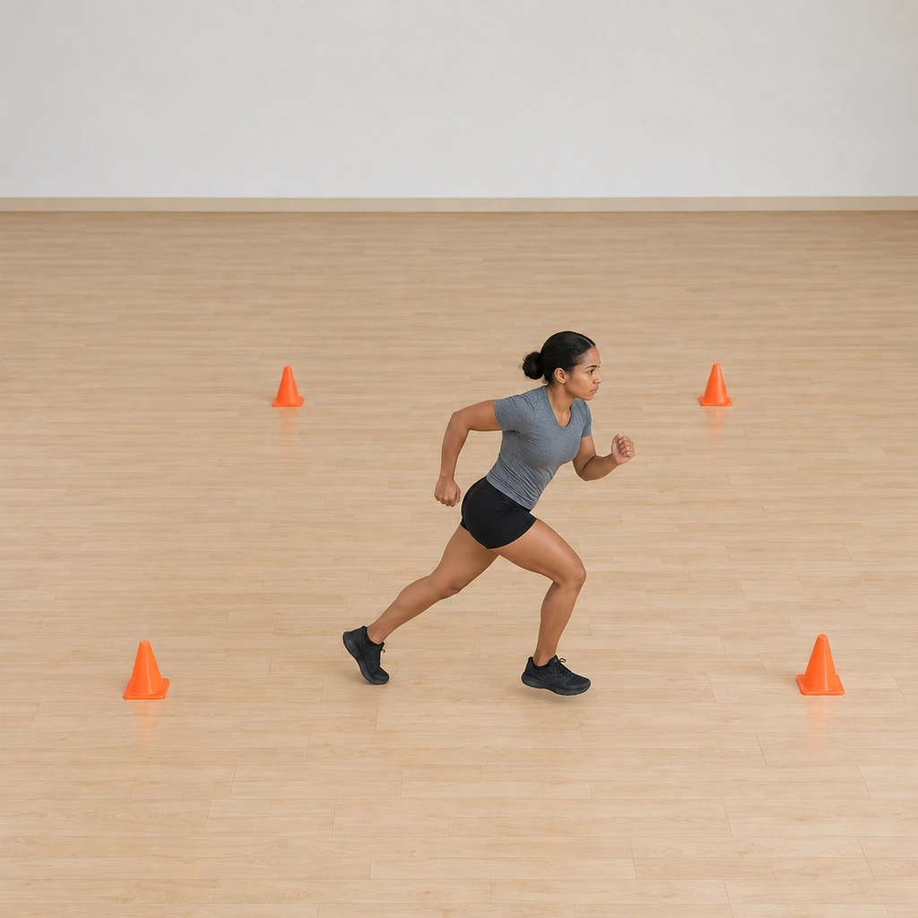 She sprints the square's first side toward cone two, mid-stride with her right leg driving and her eyes fixed forward.