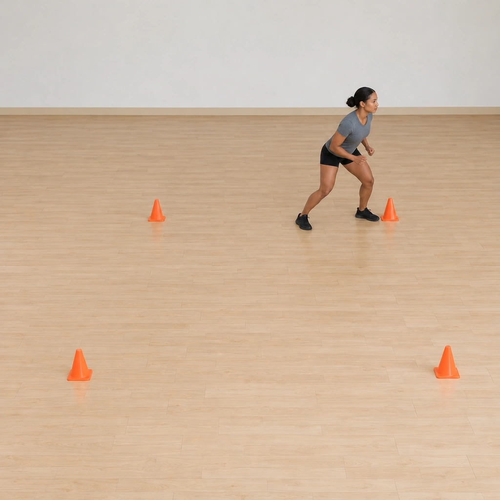 She shuffles laterally along the square's second side toward cone three, hips low, feet uncrossed, her eyes still fixed in the original direction.