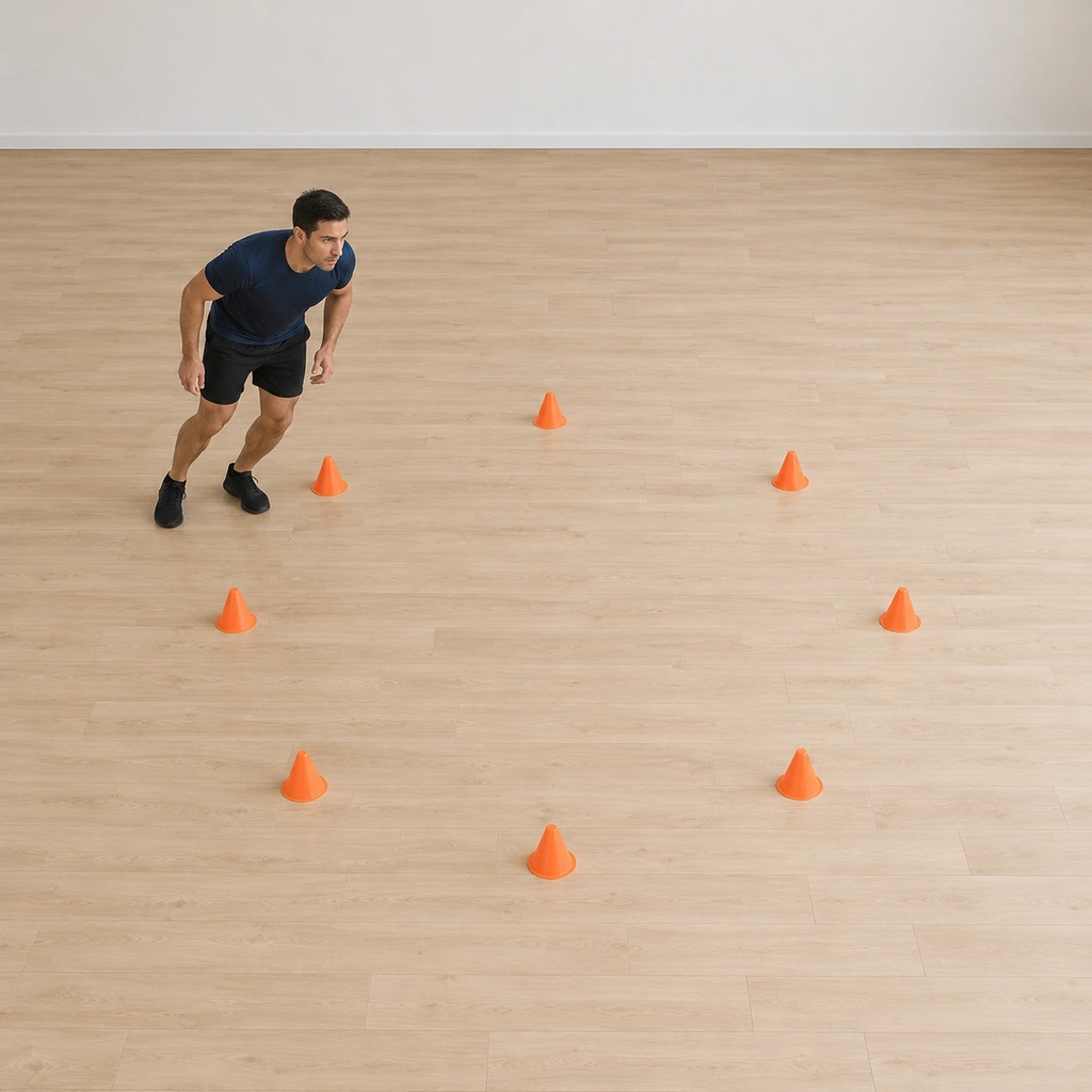 He stands beside the cone circle in a low athletic stance, facing along the perimeter line with the ring curving away to his left.