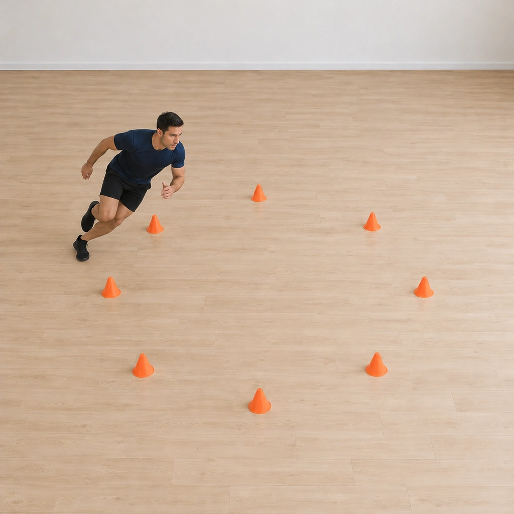 He sprints the near arc of the circle leaning inward: his inside shoulder dropped, his hips tipped toward the centre, short quick strides hugging the cone line.