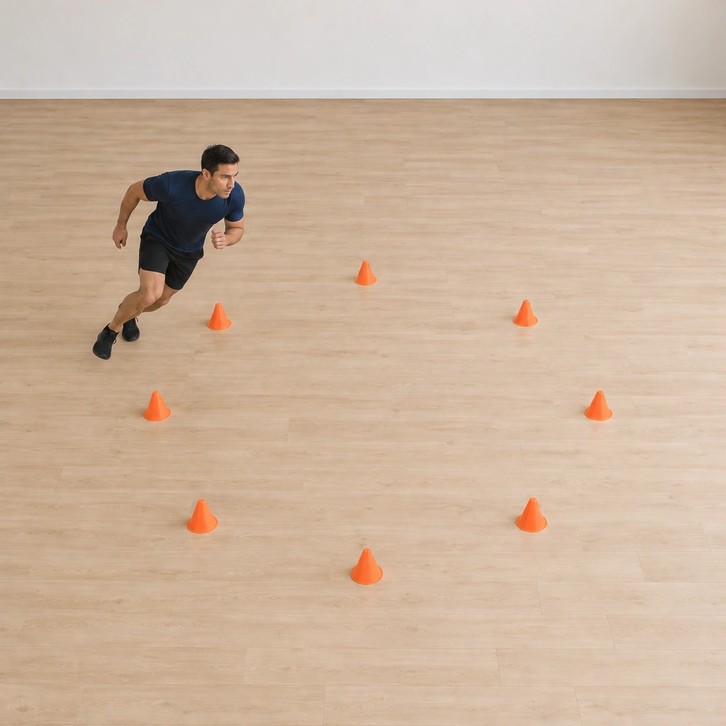 He nears the starting point still sprinting on the lean, the lap closing beneath him, his posture unchanged and tight to the cone line.